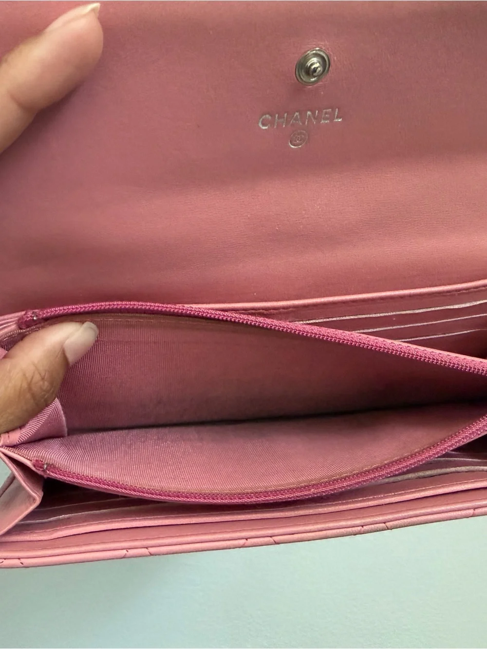CHANEL Quilted Rose Pink Leather Wallet with Gold CC